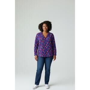 Chaus Vintage long-slv blouse purple colorful, multi-colored heart pattern Sz.6